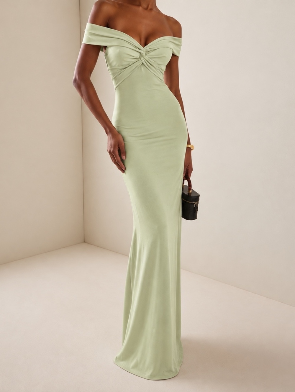Katie May Liu Twisted Gown Light Green Off Shoulder Cutout Maxi Dress Size 6